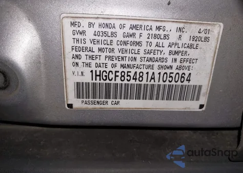2001 Honda Accord 2.3 Dx from USA, damaged, VIN 1HGCF85481A105064